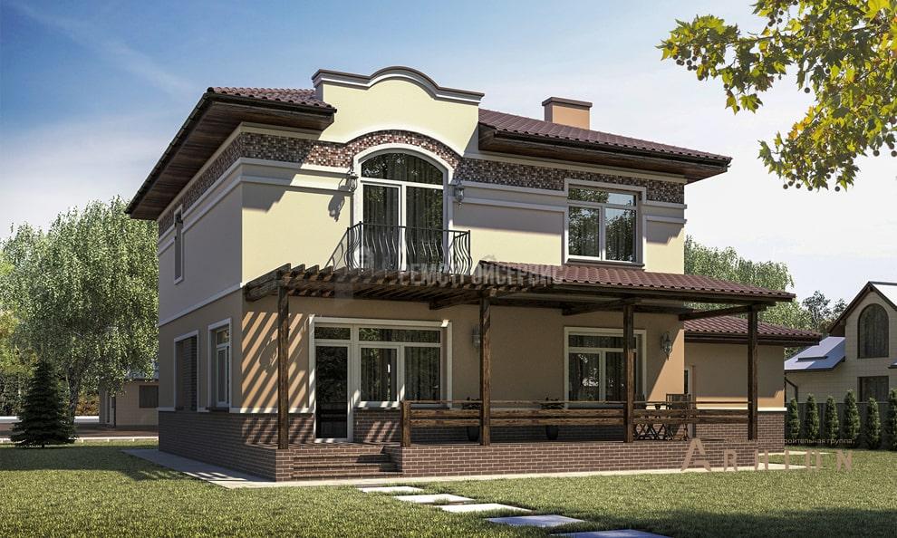 2. Проект двухэтажного дома в немецком стиле с четырехскатной, t-48-01, площадью - 205 кв c терассой, балконом, гаражом